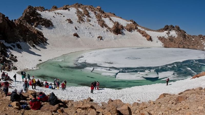 sabalan mount with amazing frozen lake on top of yhe mount near ardebil